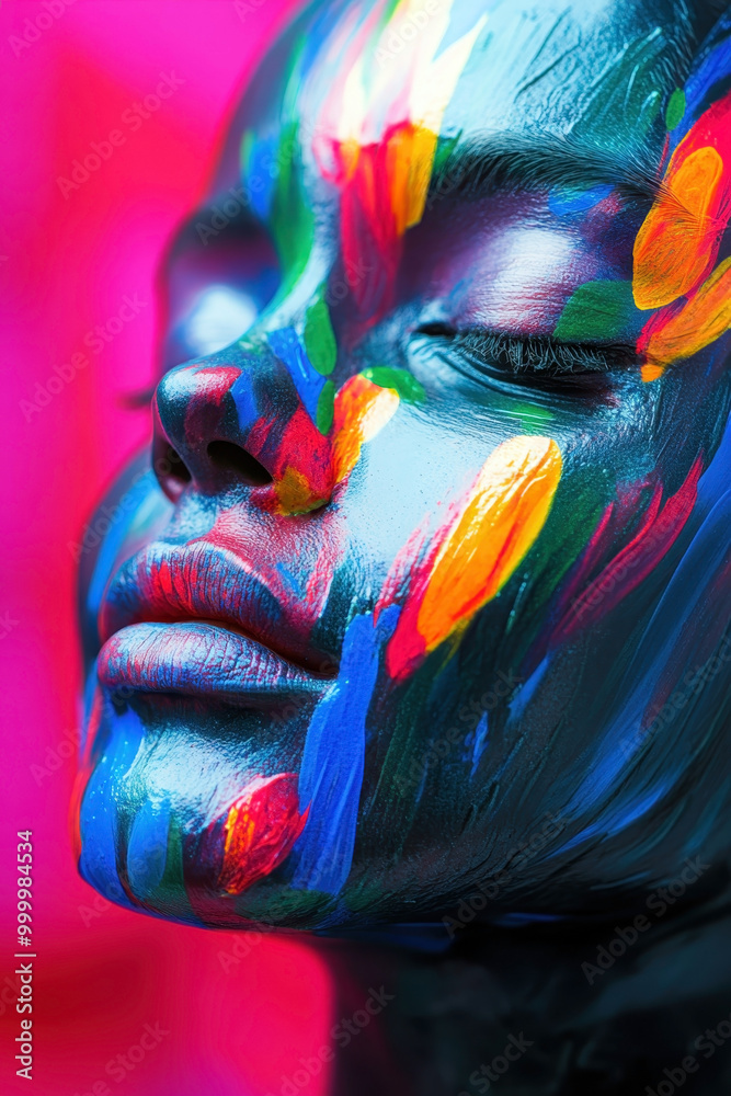 Obraz premium Colorful portrait of a woman with closed eyes, pink background. Rare Disease Day. Vertical banner. Biochemistry. Medicine and health concept. Genetic and hereditary significance. Medical research