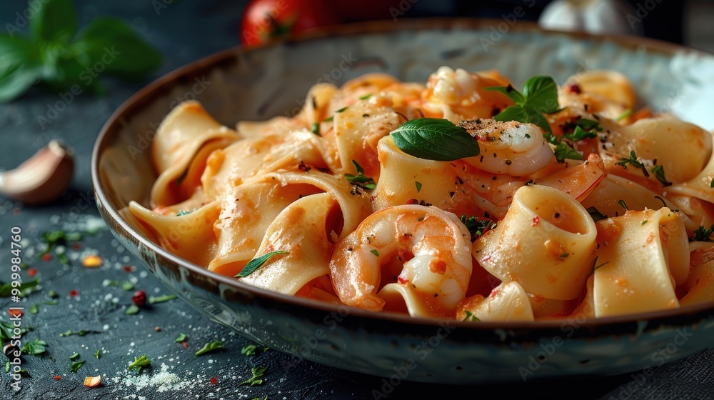 A delicious bowl of shrimp pasta served with a rich tomato sauce, garnished with fresh herbs, ready for a gourmet meal. A delicious bowl of shrimp pasta served with a rich tomato sauce, garnished with fresh herbs, ready for a gourmet meal.
