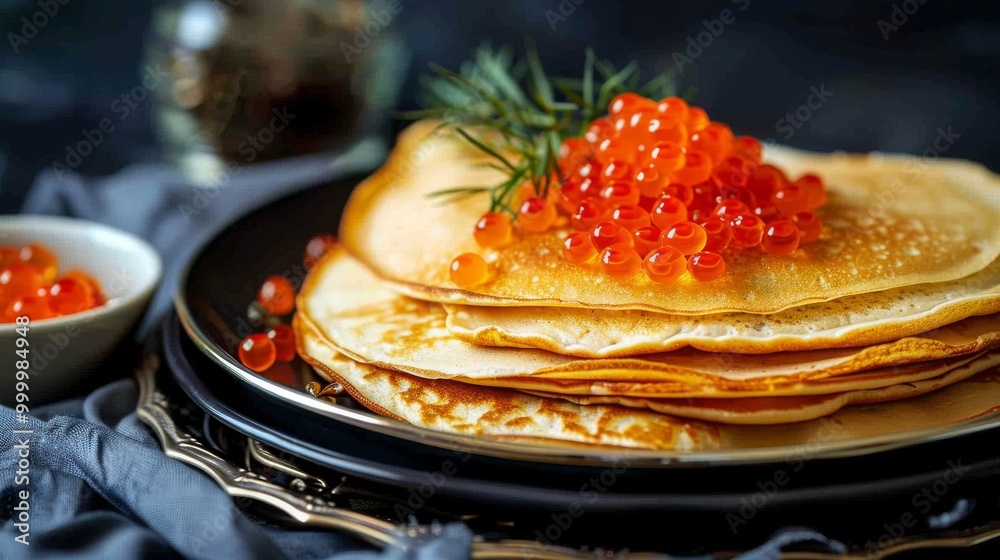 A stack of golden pancakes adorned with vibrant fish roe, garnished with herbs on a dark plate. A stack of golden pancakes adorned with vibrant fish roe, garnished with herbs on a dark plate.