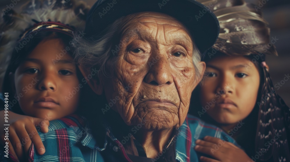An elderly man with two children by his side conveys a sense of generational wisdom, tradition, and familial bonds. An elderly man with two children by his side conveys a sense of generational wisdom, tradition, and familial bonds.