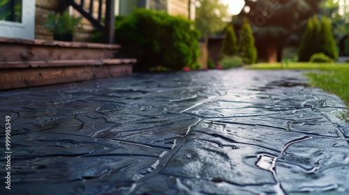 A polished stone pathway leads to a cozy home entry surrounded by lush greenery, creating a harmonious blend of nature and architecture.