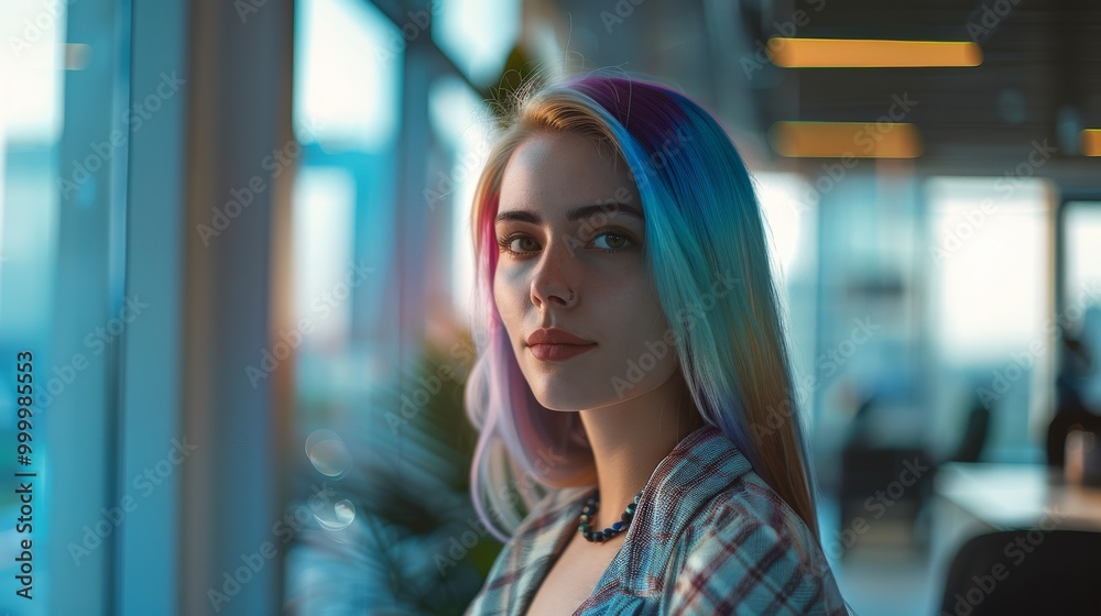 A young woman with colorful hair stands in a modern, sunlit room, exuding a mix of confidence and calm. A young woman with colorful hair stands in a modern, sunlit room, exuding a mix of confidence and calm.