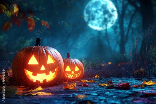 Halloween pumpkins on the ground Halloween background at forest night with moon - generative ai