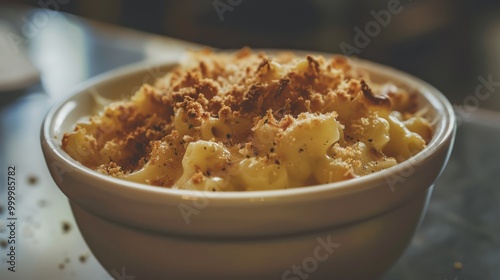 A warm bowl of macaroni and cheese topped with crispy breadcrumbs, steaming and inviting, sitting on a glossy countertop.