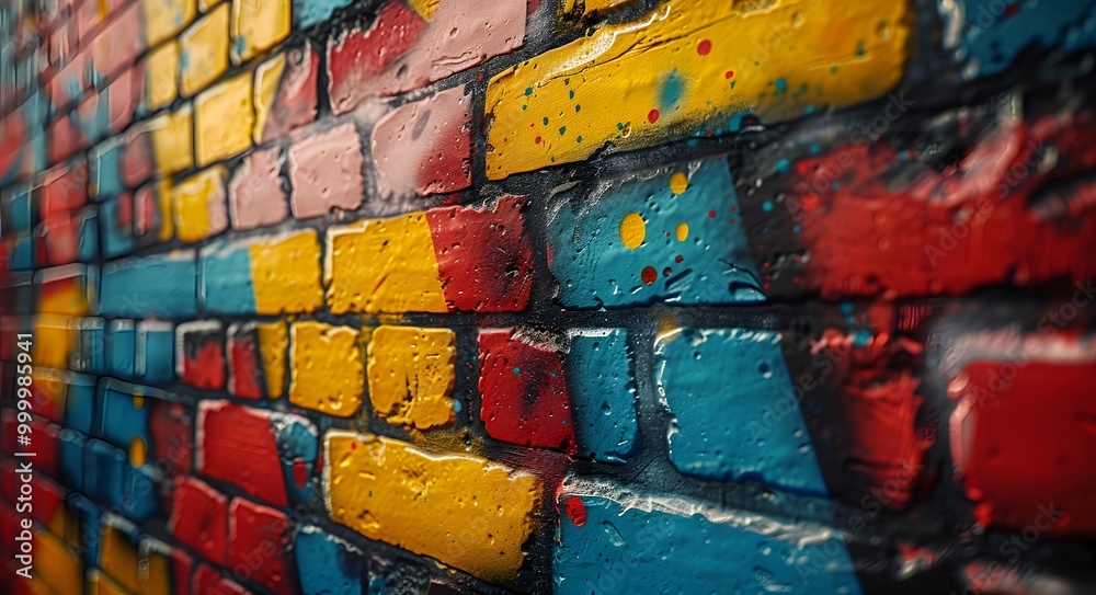 A vibrant graffiti wall showcases a stunning blend of red, yellow, and blue bricks, transforming an ordinary brick wall into a canvas of urban art. A vibrant graffiti wall showcases a stunning blend of red, yellow, and blue bricks, transforming an ordinary brick wall into a canvas of urban art.