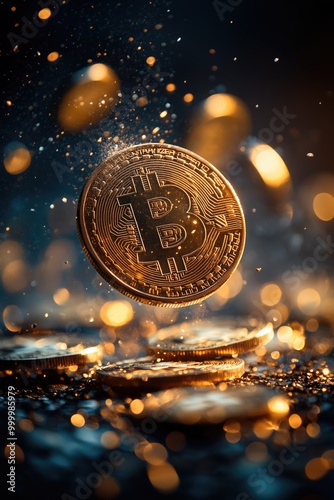 Closup photo of a bitcoin falling, sparkling, shining bitcoins in the background