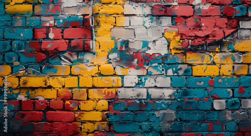 A vibrant graffiti wall showcases a stunning blend of red, yellow, and blue bricks, transforming an ordinary brick wall into a canvas of urban art. A vibrant graffiti wall showcases a stunning blend of red, yellow, and blue bricks, transforming an ordinary brick wall into a canvas of urban art.