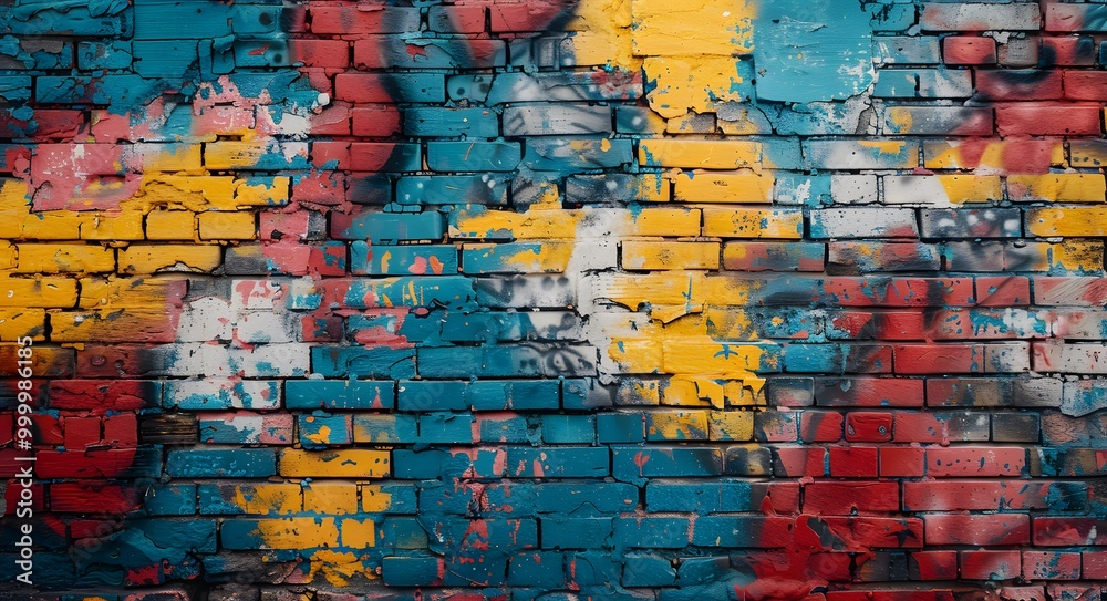 A vibrant graffiti wall showcases a stunning blend of red, yellow, and blue bricks, transforming an ordinary brick wall into a canvas of urban art. A vibrant graffiti wall showcases a stunning blend of red, yellow, and blue bricks, transforming an ordinary brick wall into a canvas of urban art.