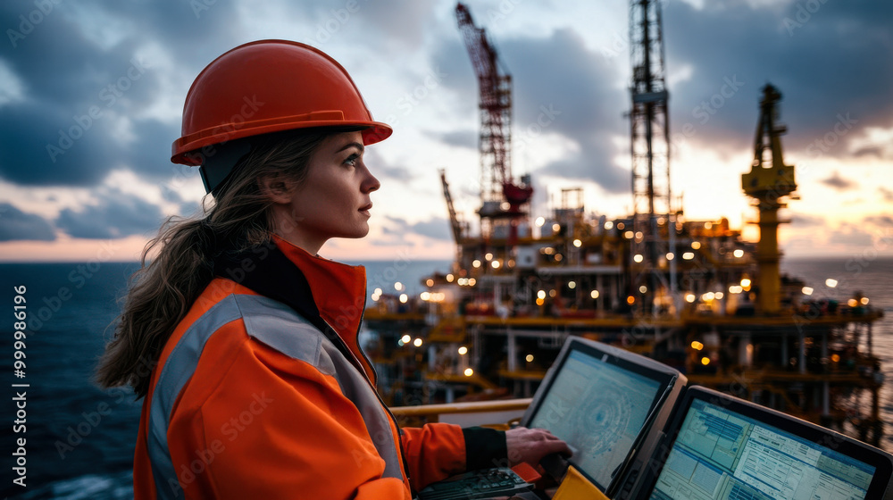 Female engineer working on offshore oil rig. Female engineer working on offshore oil rig.