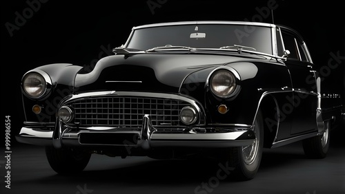 front view of black classic car, isolated on black background