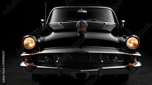 front view of black classic car, isolated on black background photo