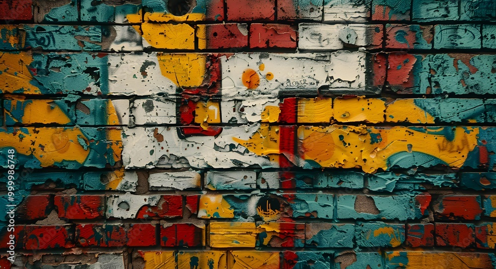 A vibrant graffiti wall showcases a stunning blend of red, yellow, and blue bricks, transforming an ordinary brick wall into a canvas of urban art. A vibrant graffiti wall showcases a stunning blend of red, yellow, and blue bricks, transforming an ordinary brick wall into a canvas of urban art.
