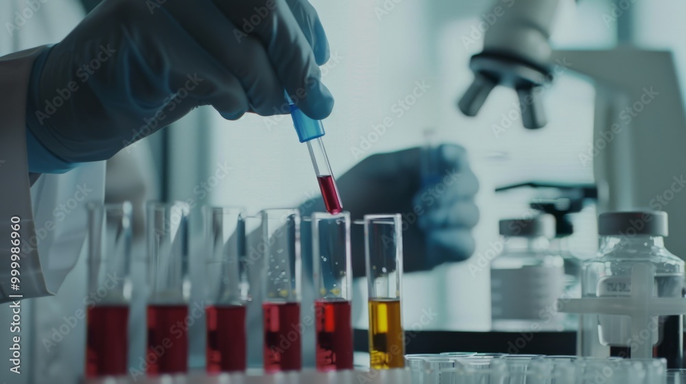 Focused female scientist in a laboratory, intensely observing a process with test tubes and lab equipment, showcasing dedication and precision.