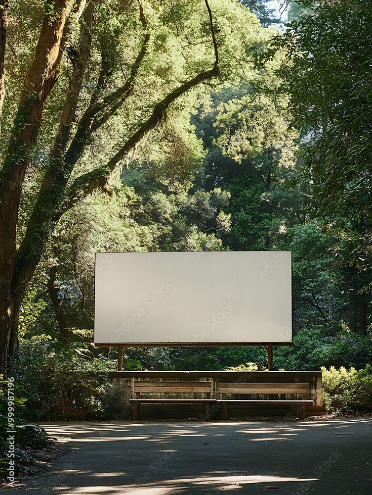 Fototapeta premium A blank white billboard mockup in a peaceful park setting, surrounded by trees, greenery, and a walking path.