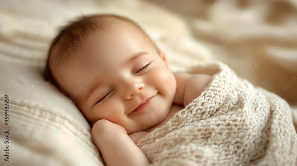 A baby sleeps peacefully, curled up on a soft white blanket. A baby sleeps peacefully, curled up on a soft white blanket.