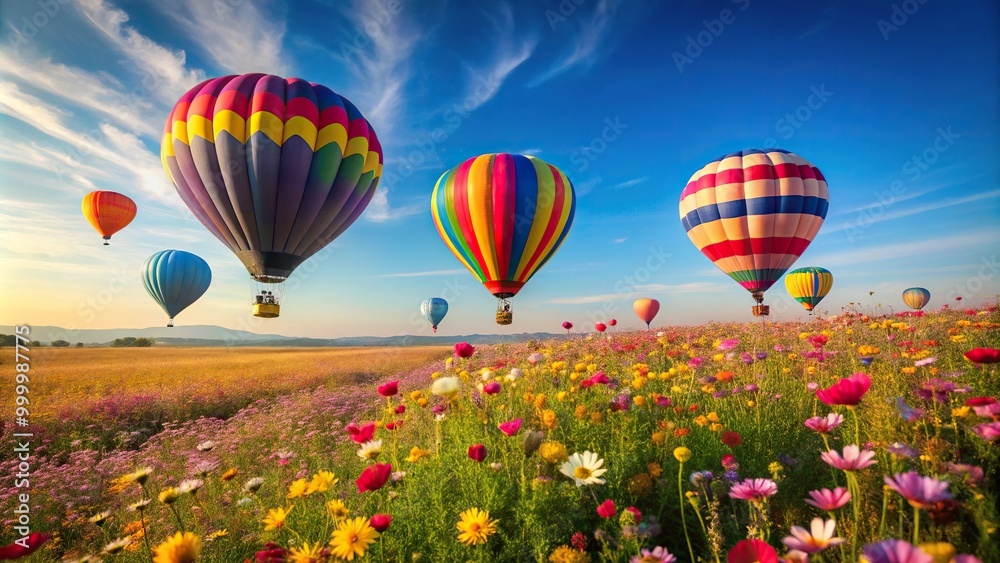 Naklejka premium hot air balloons flying over field of flowers