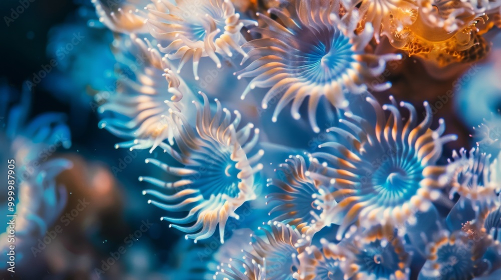 Intricate coral polyps dance in an ethereal underwater landscape, bathed in shades of blue and orange, showcasing a mesmerizing, swirling pattern. Intricate coral polyps dance in an ethereal underwater landscape, bathed in shades of blue and orange, showcasing a mesmerizing, swirling pattern.