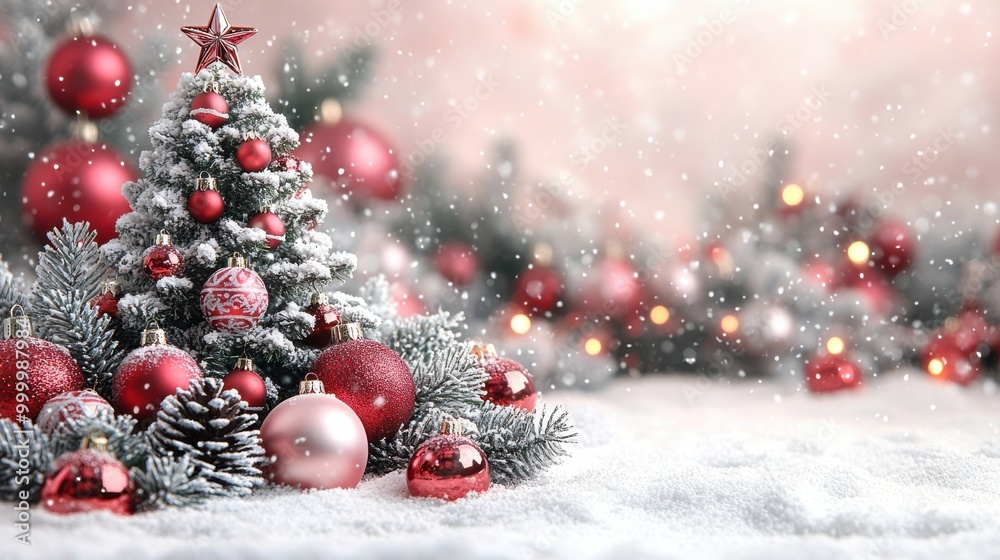 A Festive Miniature Christmas Tree Adorned with Red Ornaments and Snow, Nestled in a Snowy Landscape with Sparkling Lights