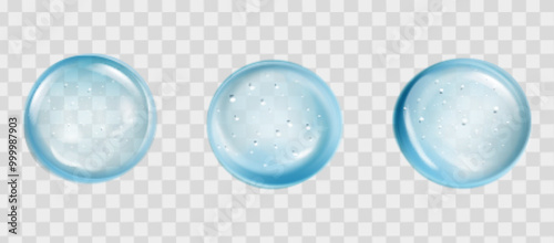 Collagen blue drops. Hyaluronic acid bubbles. Cosmetic serum. Skincare product. Vector illustration
