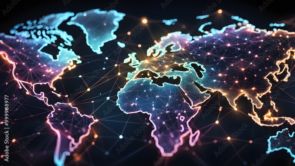 A glowing world map with connected lines representing global communication and network. A glowing world map with connected lines representing global communication and network.