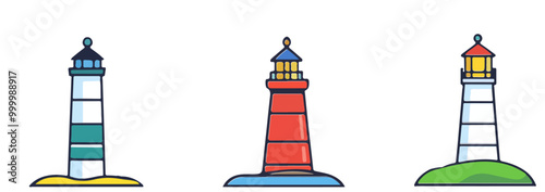 Colorful line lighthouse icon set. Navigation tower sea collection, vector ocean seashore building illustration. Nautical lamp sticker kit, black marine logotype, architecture travel symbol. 