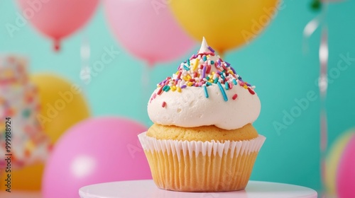 A single vanilla cupcake topped with white frosting and colorful sprinkles, set against a background of pastel balloons creating a party atmosphere.