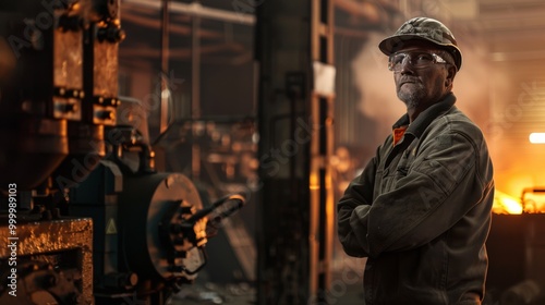 A confident factory worker stands with arms crossed in an industrial setting, emphasizing strength and determination.