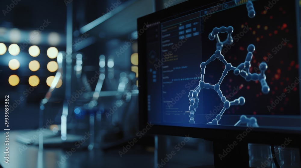 Fototapeta premium A lab computer screen shows a complex molecular model, highlighting scientific research and advanced technology.