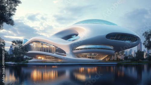 Futuristic high-tech building with a distinctive, aerodynamic shape and advanced materials