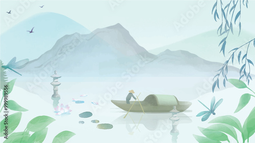 In this image  image shows a peaceful riverside scene with a fisherman in a small boat paddling across calm waters. In the background, misty mountains loom under a soft, pale blue sky.