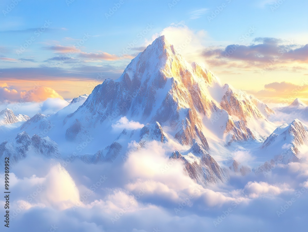 Obraz na plátně Awe-inspiring snow-capped mountain peak piercing through a sea of clouds