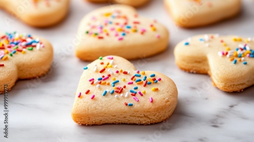 Close-up of heart-shaped sugar cookies decorated with colorful sprinkles, arranged on a marble surface, ideal for a festive celebration or sweet treat..