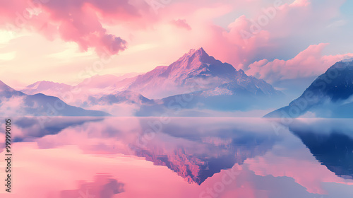 A breathtaking pink mountains during a hazy sunset, with the sky and clouds beautifully reflected on the tranquil surface of a serene lake. Misty Mountains. Illustration