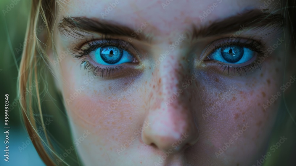 Φωτογραφία A close-up shot of intense, bright blue eyes with freckles on the surrounding skin, displaying an intimate and captivating gaze