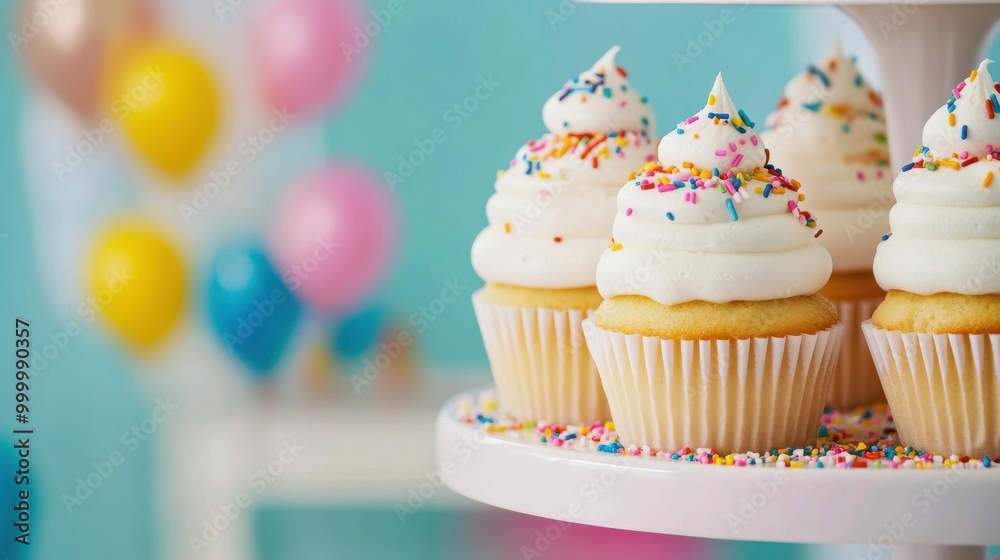Φωτογραφία Close-up of vanilla cupcakes topped with whipped cream frosting and colorful sprinkles, displayed on a white cake stand with colorful balloons in the background