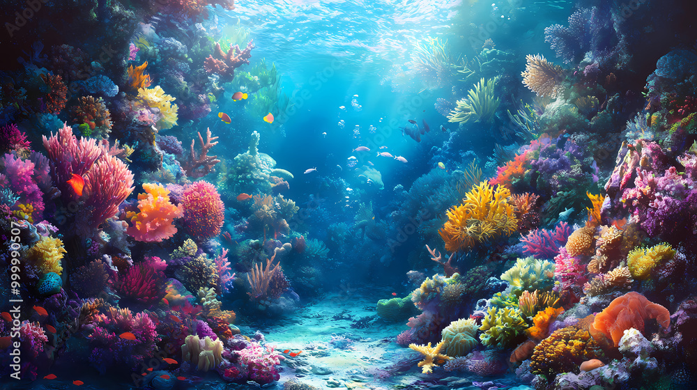 Naklejka premium A breathtaking underwater scene showcasing a vibrant coral garden teeming with colorful marine life. Coral Garden. Illustration