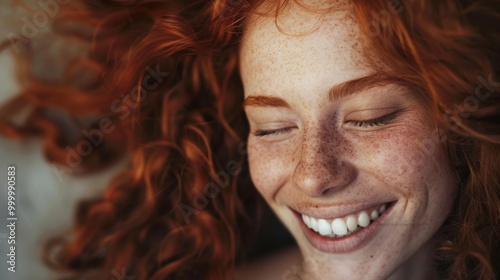 A red-haired woman with freckles smiles broadly with her eyes closed, capturing a moment of pure, carefree joy and radiance.