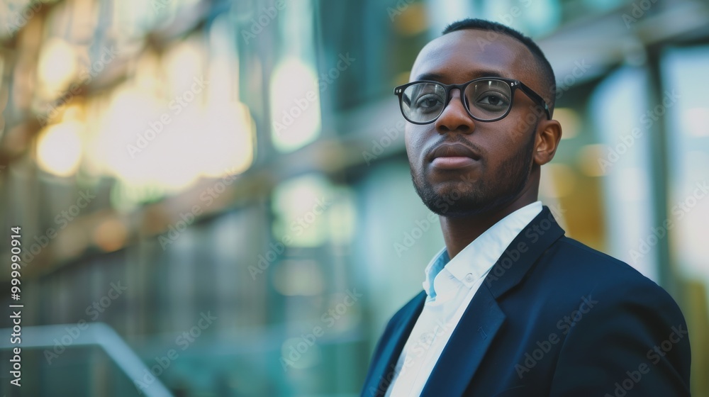 A young man in a suit standing confidently in front of a glass building, captured with a shallow depth of field. A young man in a suit standing confidently in front of a glass building, captured with a shallow depth of field.
