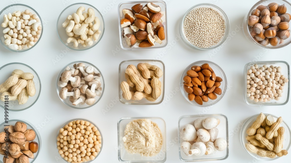 A neatly arranged collection of various nuts and seeds displayed in small glass bowls on a white background. A neatly arranged collection of various nuts and seeds displayed in small glass bowls on a white background.