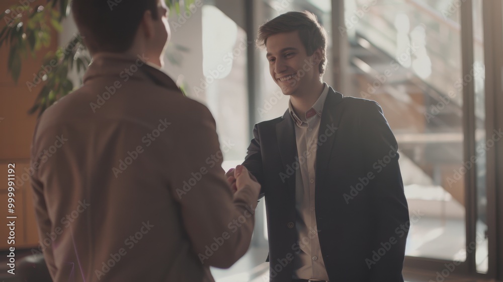 Two young professionals greet each other with a firm handshake and friendly smiles in an office setting, symbolizing a new partnership or agreement.