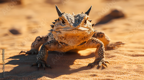 A close-up of a horned lizard walking on the desert sand with its front legs in motion, curiously looking at the camera. Thorny Desert. Illustration photo