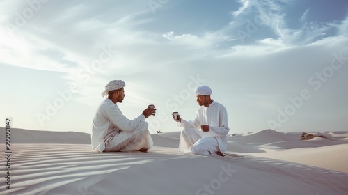 Two men in white traditional clothing enjoy a peaceful tea time amidst the vast, serene desert landscape.