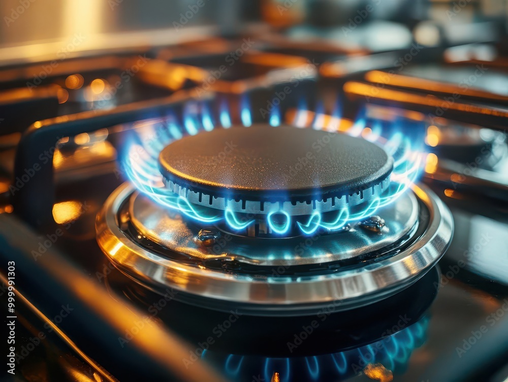 Close-up of gas stove burner with vibrant blue flame, sleek metal surface, dynamic fire pattern, kitchen appliance detail, energy concept Close-up of gas stove burner with vibrant blue flame, sleek metal surface, dynamic fire pattern, kitchen appliance detail, energy concept
