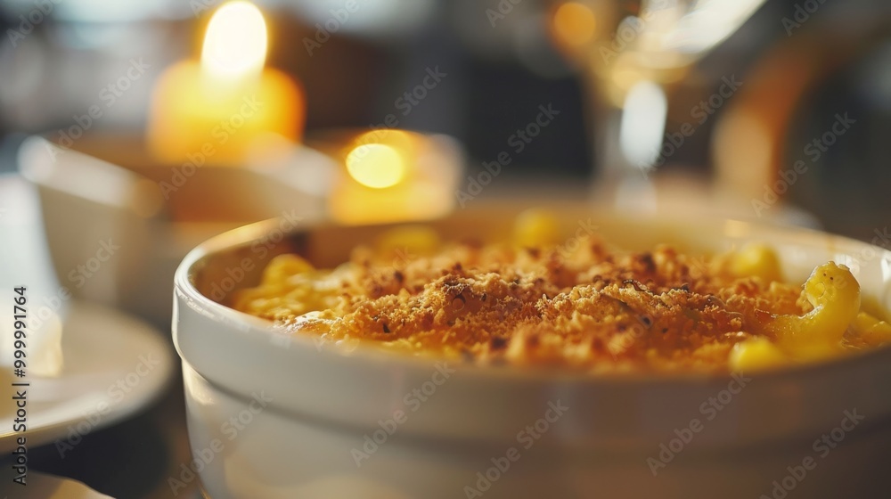 A cozy bowl of macaroni and cheese, topped with breadcrumbs, illuminated by soft candlelight, creating a warm, inviting dining atmosphere. A cozy bowl of macaroni and cheese, topped with breadcrumbs, illuminated by soft candlelight, creating a warm, inviting dining atmosphere.