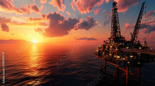 Oil rig at sunset with dramatic clouds. photo