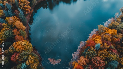 A breathtaking aerial photograph of a heart-shaped lake surrounded by vibrant autumn foliage, creating a mesmerizing natural spectacle.