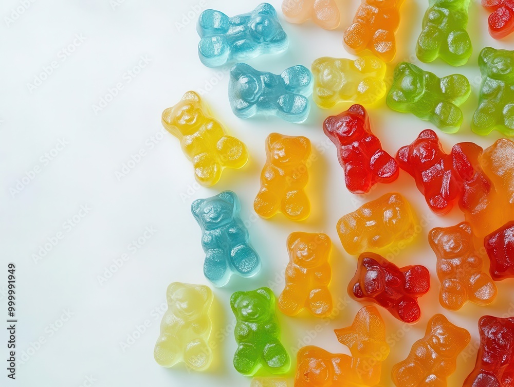 Colorful gummy bears in playful arrangement. Macro photography, vibrant candy colors, translucent textures, white backdrop, fun food styling. Colorful gummy bears in playful arrangement. Macro photography, vibrant candy colors, translucent textures, white backdrop, fun food styling.