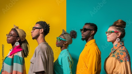 A stylish group of individuals in colorful, modern clothing stand against a contrasting yellow and teal background, exuding confidence and unity.