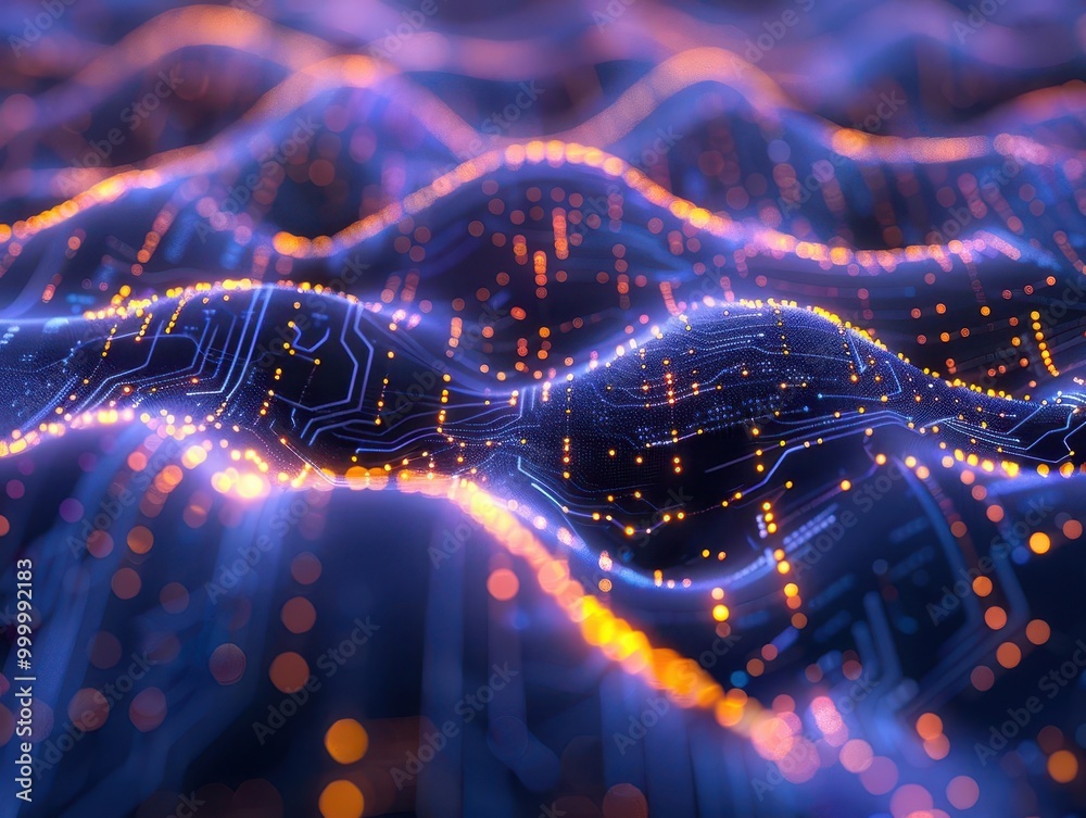 Conceptual visualization of quantum computing and AI merger. Glowing neural networks intertwine with quantum circuits in a mesmerizing digital landscape. Conceptual visualization of quantum computing and AI merger. Glowing neural networks intertwine with quantum circuits in a mesmerizing digital landscape.