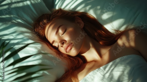 A woman with red hair lies in bed under white sheets with sunlight filtering through a window casting shadows and creating a peaceful, serene atmosphere in the room. photo